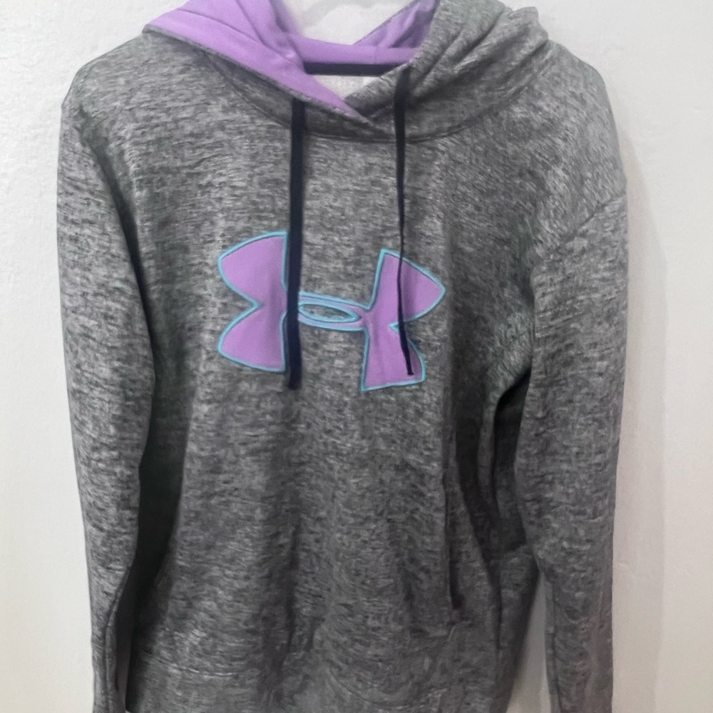 Under Armour Heather Gray Hoodie with Purple and Blue Logo